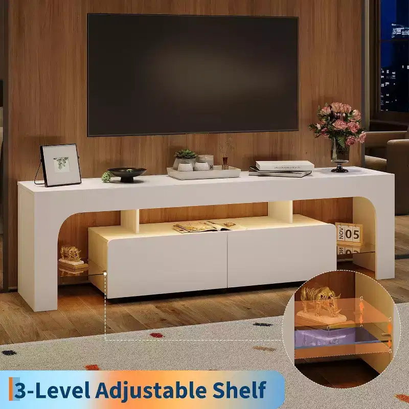 TV Stand with LED Lights, Modern Entertainment Center Media with 2 Drawer & Open Shelf Console Table Storage Desk Up to 70 in TV for Living Room