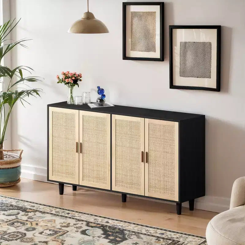 JVNOXK 62.20-inch Modern Four-Door Rattan Decorative Storage Cabinet, Suitable for Bedrooms and Living Rooms, with Adjustable Shelves, Black