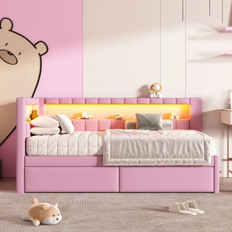 Upholstered Platform Bed with USB Ports & LED Lighting - Full/Twin Size Bed Frame with 2 Storage Drawers - Modern Bedroom