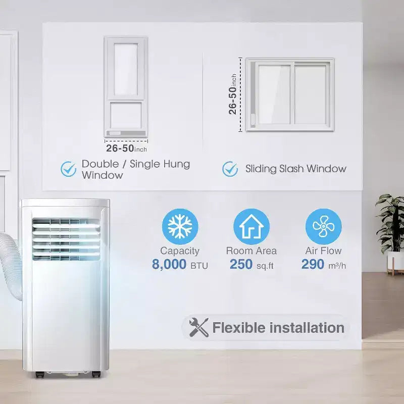 R.W.FLAME 8,000 BTU Portable Air Conditioner with Remote Control, 3-in-1 Air Conditioner with Digital Display,24Hrs Timer,Installation Kit for Home