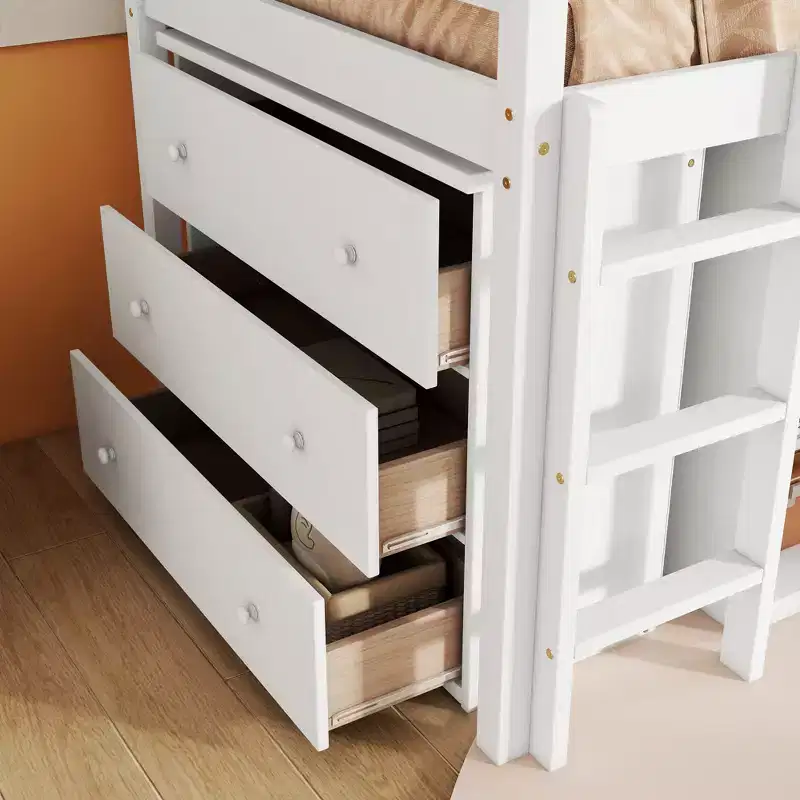 MAYEERTY Twin Loft Bed with Drawer Cabinet Shelf Cabinet and Pulling Out Desk,Rubber Wood Loft Bed with Guardrail Ladder White