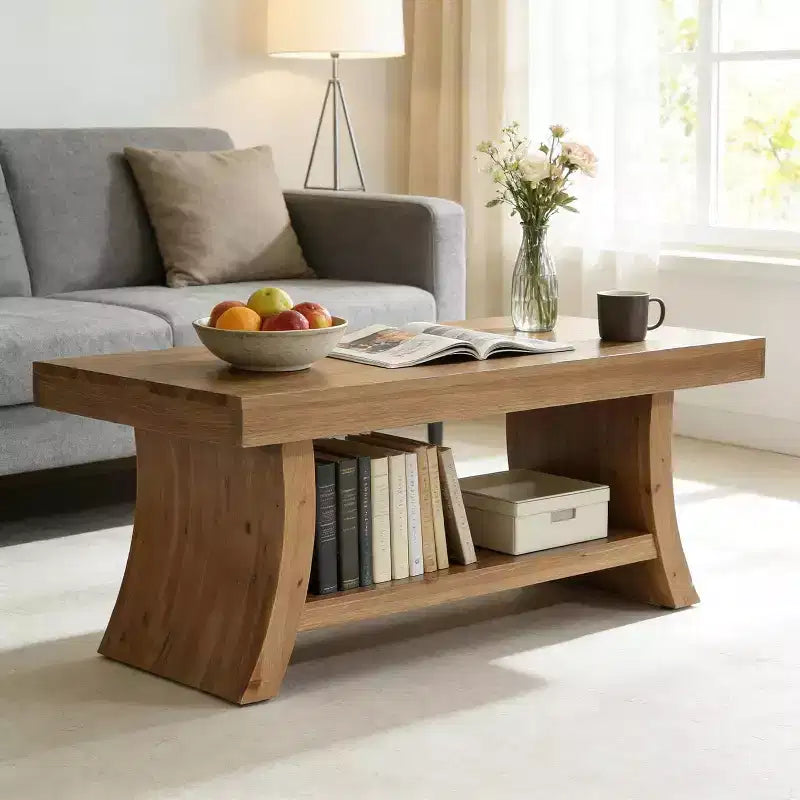 Lantine 47.2-Inch Farmhouse Coffee Table with Storage Shelf, Mid Century Modern Solid Wood Center Table with Curved Base for Living Room, Walnut