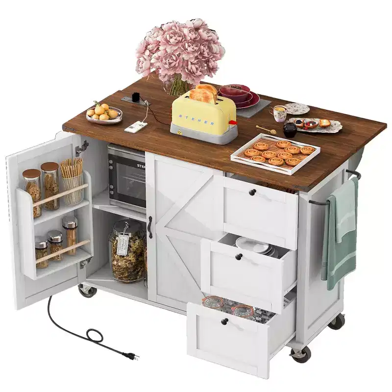 Whisen Farmhouse Style Kitchen Cart Island with Drop Leaf and Locking Wheels