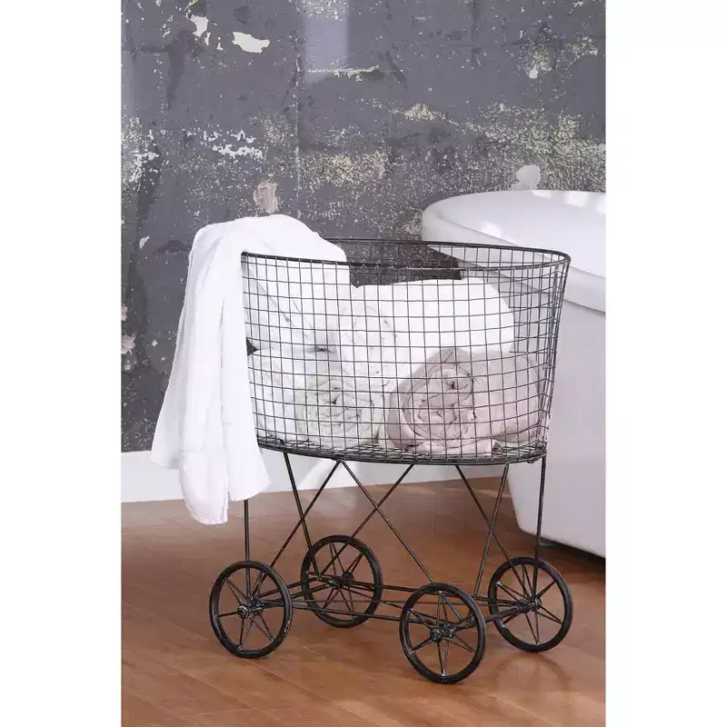 Metal Vintage Laundry Basket with Wheels - Storied Home: Garment Storage, Multipurpose Basket
