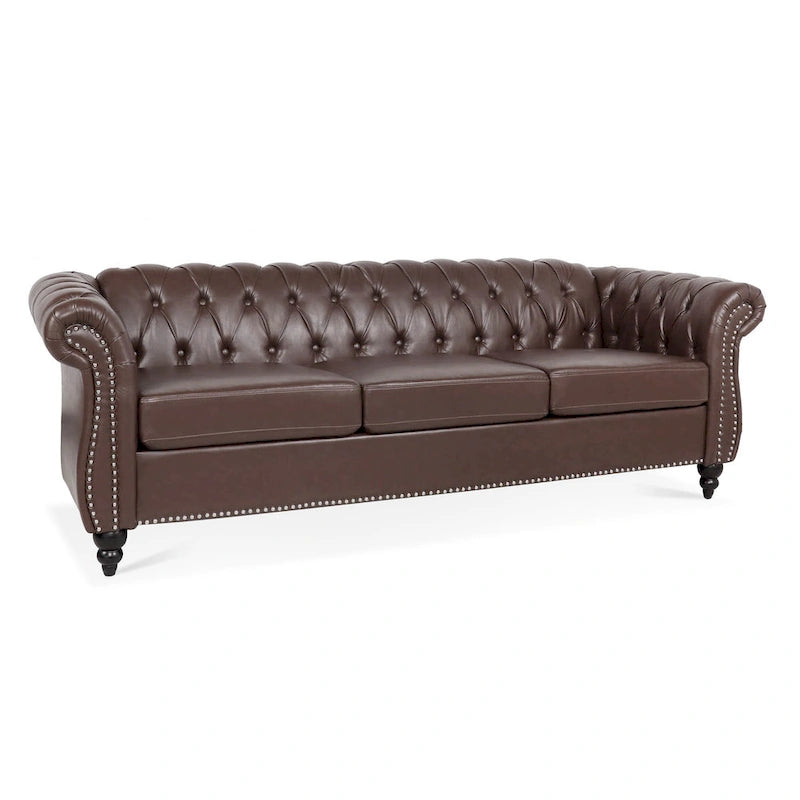 84 Mid-Century Modern 3-Seater Chesterfield Sofa, PU Leather, Birch Legs, 660 lbs