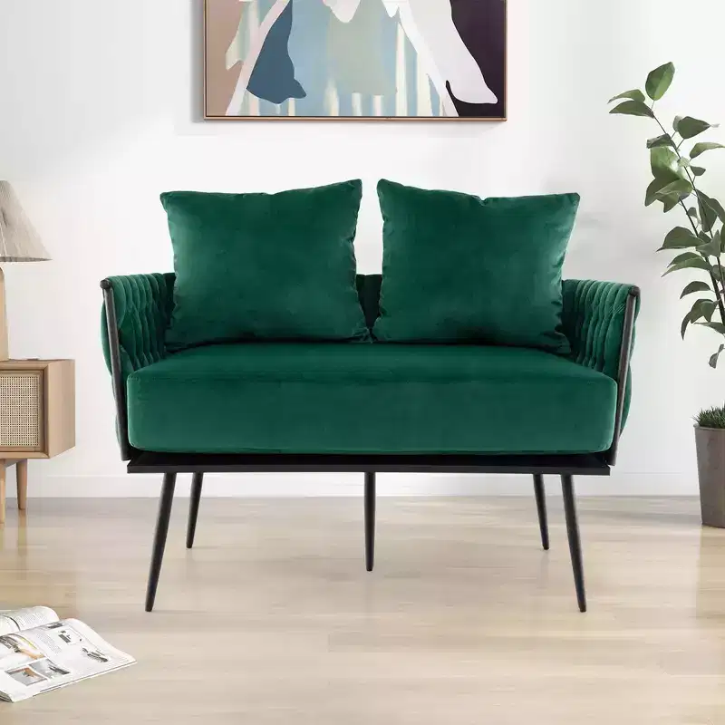 Costway Modern Loveseat Sofa Upholstered Dutch Velvet Couch with Woven Back & Arms Green/Grey
