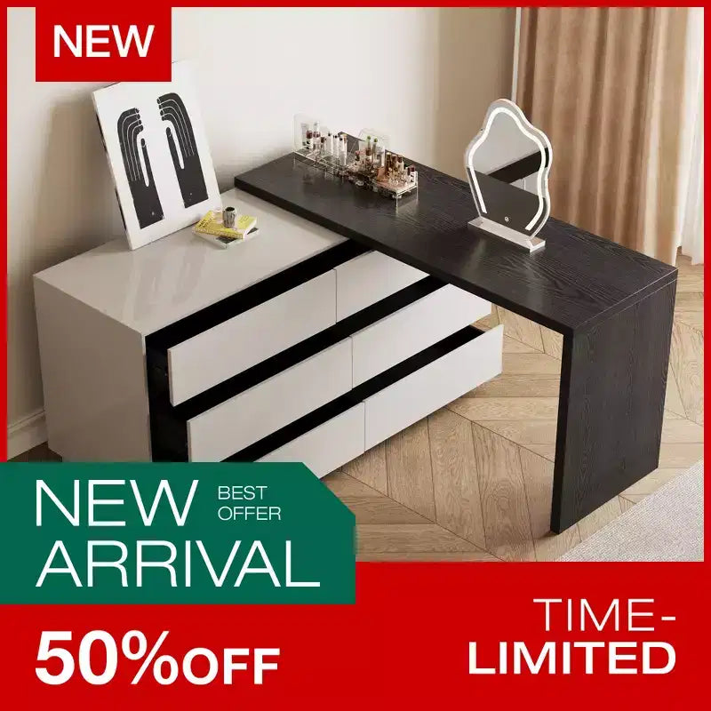 Luck Live Modern Extendable Vanity Table with 6-Drawer Storage, Reversible Left or Right Setup, Makeup Vanity for Bedroom or Dressing Room