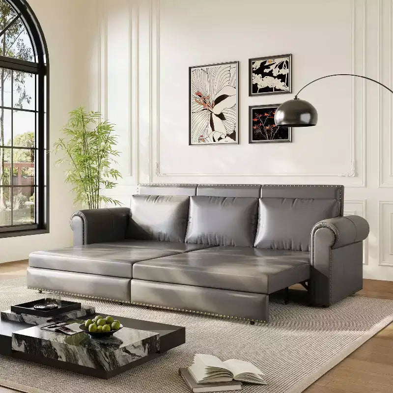MAYEERTY 93.7 King Pull Out Sofa Bed, 3-in-1 Faux Leather Convertible Sleeper Sofa with Nailhead Trim& Rolled Arm Gray