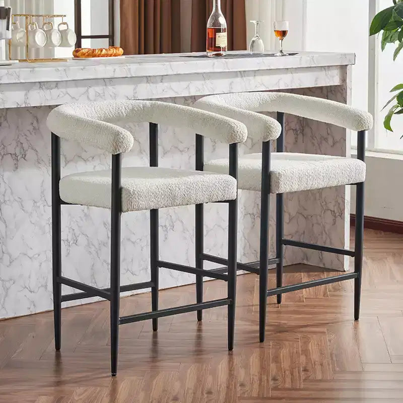 Modern Boucle Upholstered Bar Stools with Curved Backrest (Set of 2)