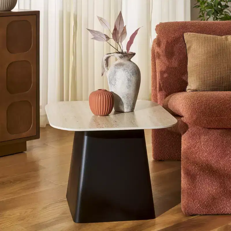 Modern Porcelain Side Table – Beige Top, Black Powder-Coated Iron Base, 19.7