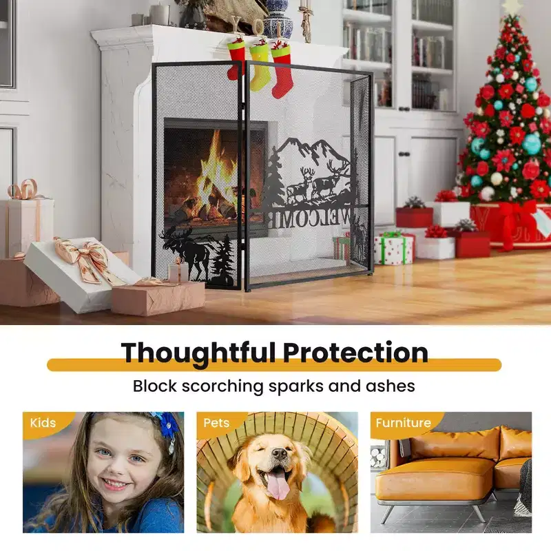 Costway 52 x 31 In Fireplace Screen 3-Panel Spark Guard with Natural Scenery, Moose Pattern