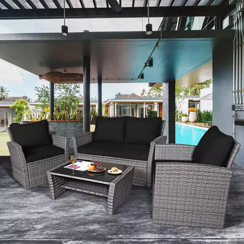 Costway 4PCS Patio Rattan Furniture Set Sofa Table Storage Shelf Cushion