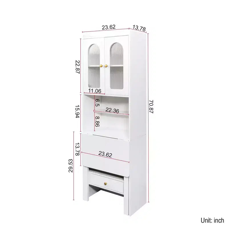 Fold-Out Convertible Writing Table, Desk Cabinet with Shelf and Drawer Multi-Function Home Office Workstation White 23.62*13.78*70.87 in