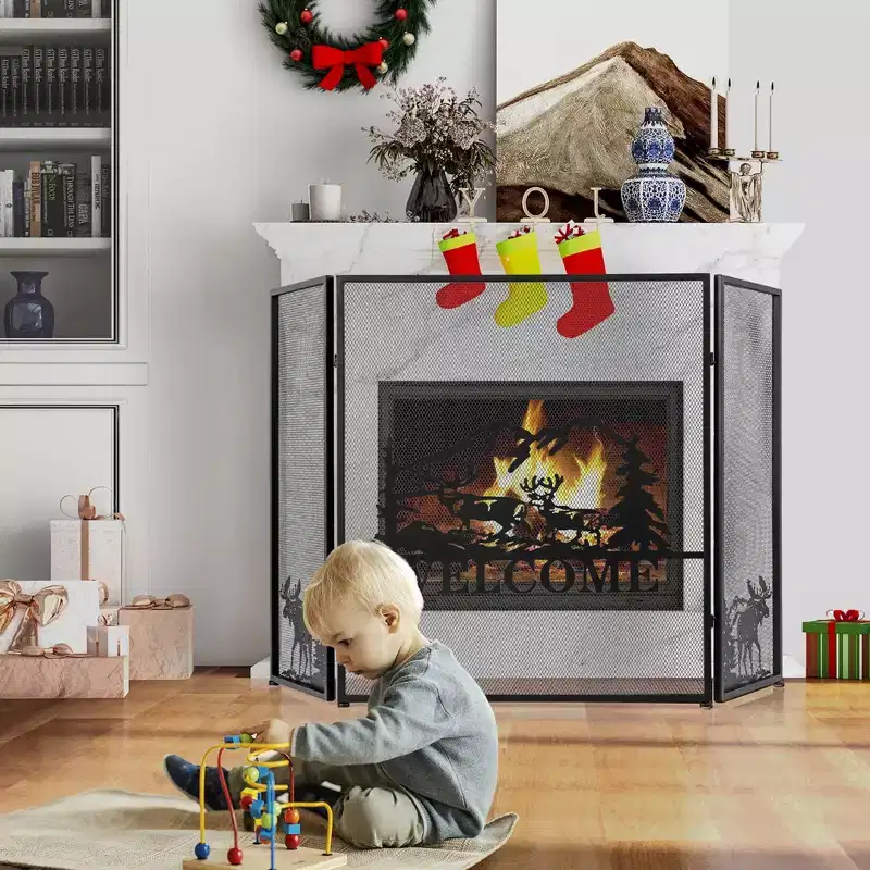 Costway 52 x 31 In Fireplace Screen 3-Panel Spark Guard with Natural Scenery, Moose Pattern