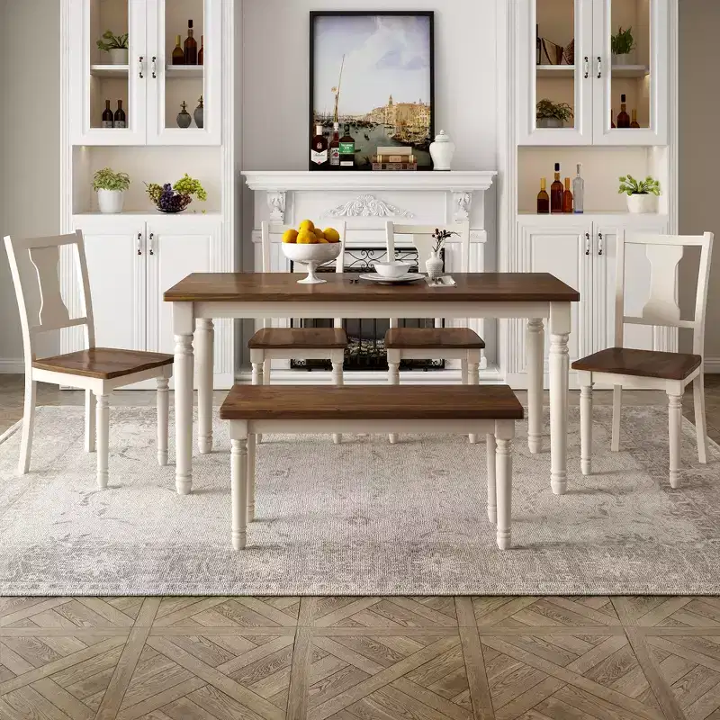 6-Piece Retro Dining Set with 1 Wooden Dining Table, 4 Chairs and 1 Bench, Brown+White - ModernLuxe