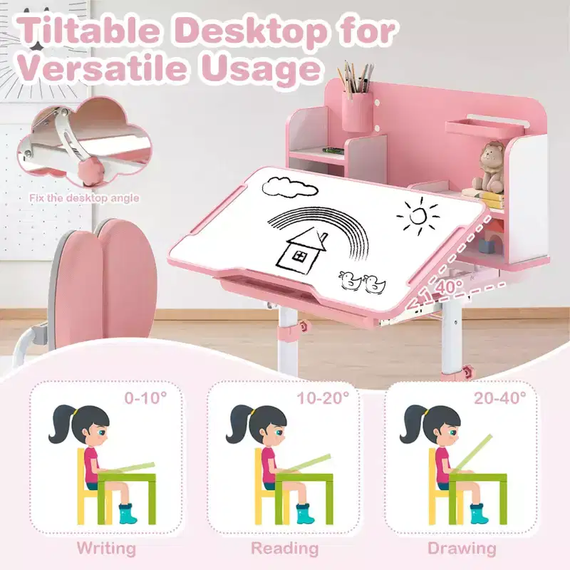 Costway Kids Study Desk & Chair Set with Tilt Desktop, Pen Holder & Tray, Reading Stand Blue/Gray