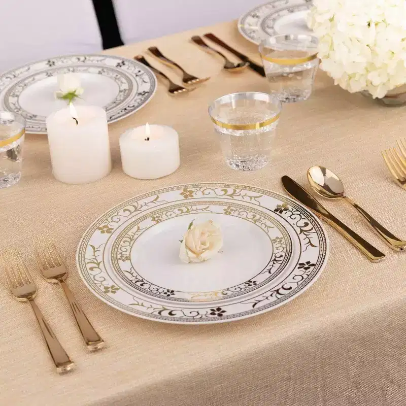 White and Gold Plastic Floral Dinnerware Set, Set of 150 Dinner Plates, 150 Salad Plates, 150 Spoons, 150 Forks, 150 Knives (750-Piece)