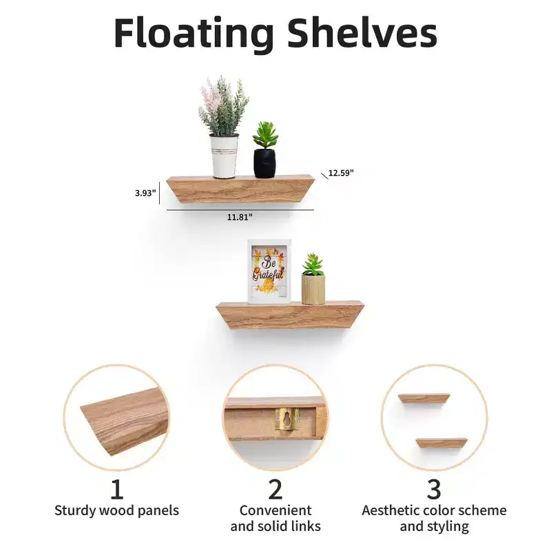 11.81 Maple Floating Shelf C invisible-bracket wood wall mount, perfect bathroom/bedroom/kitchen dcor or book/plant display, easy install.