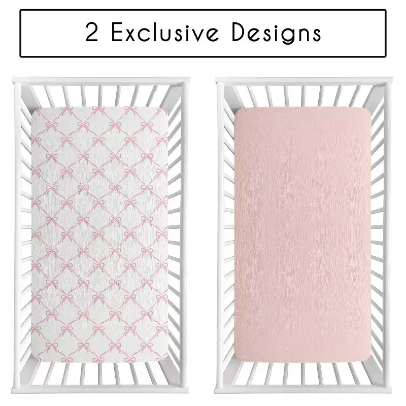 Sweet Jojo Designs Baby Girl Fitted 100% Cotton Muslin Crib Sheets Set Ballerina and Ballet Bows Pink and White 2pc