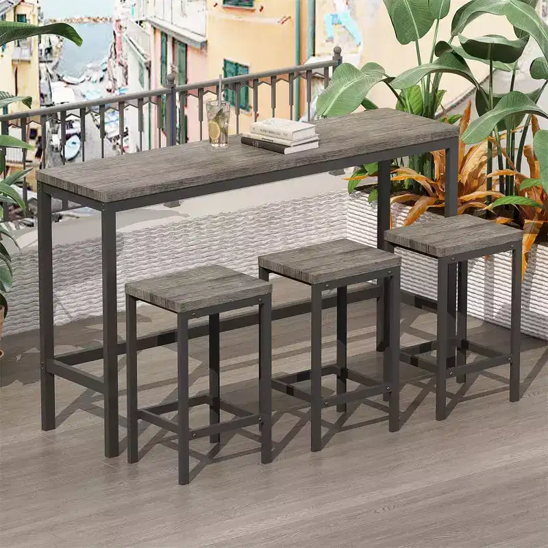 4-Piece Bar Table , Rectangular Pub Table & 3 Stools, for Kitchen, Breakfast Nook, Living Room, Apartment Brown & Gray