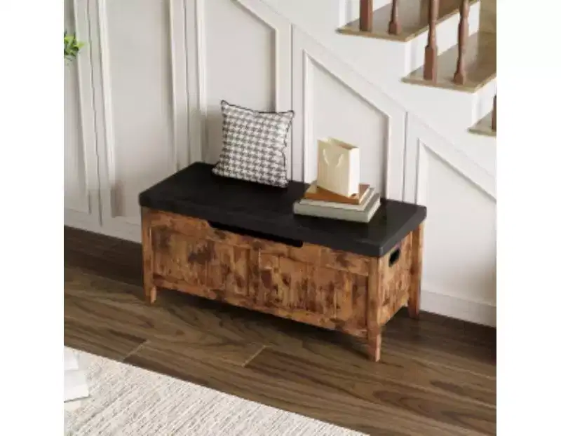 Storage Ottoman Bench, Solid Wood Frame with Cushion and Hidden Storage, 100CM, Retro Brown
