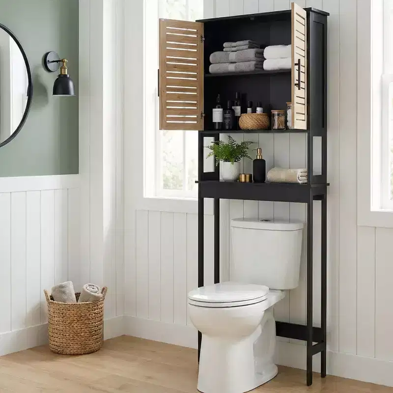 Evideco French Home Goods Over The Toilet Storage Cabinet with Double Vented Doors and Open Shelf, Black and Brown - Bergen Collection