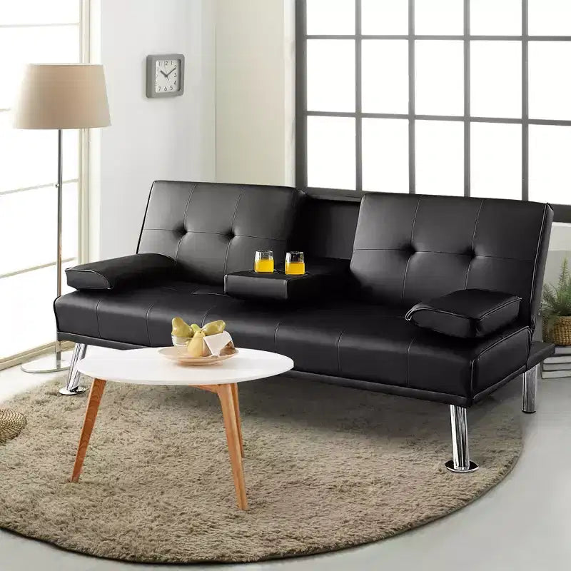 Costway Convertible Folding Futon Sofa Bed Leather w/Cup Holders&Armrests White\Black\Brown