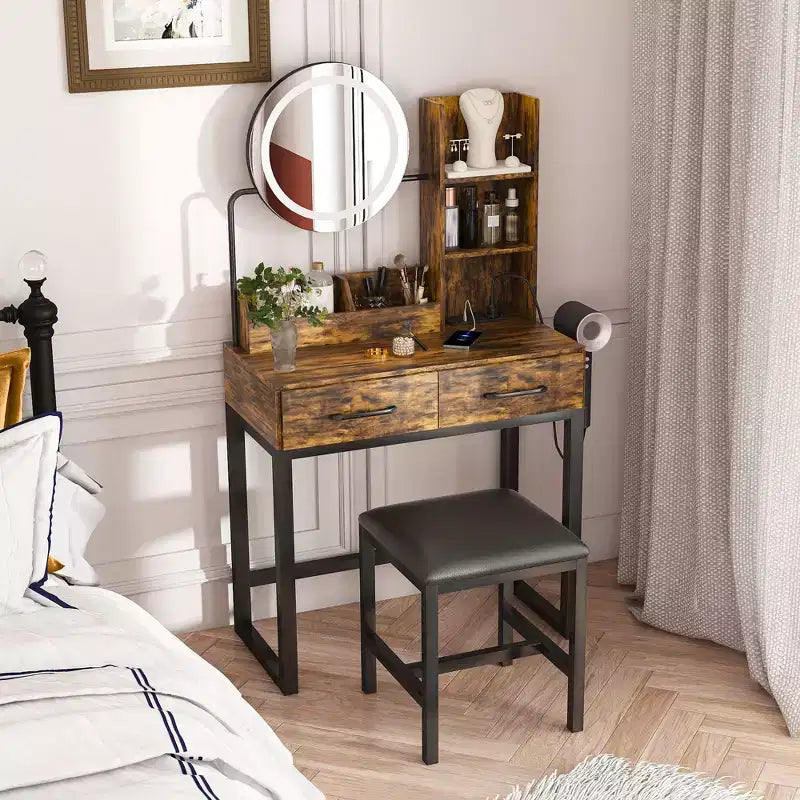 Okak Modern Vanity Table with Round Mirror & LED Lights,Storage Dressing Desk with Chair & Power Outlet,Makeup Table Set for Bedrooms