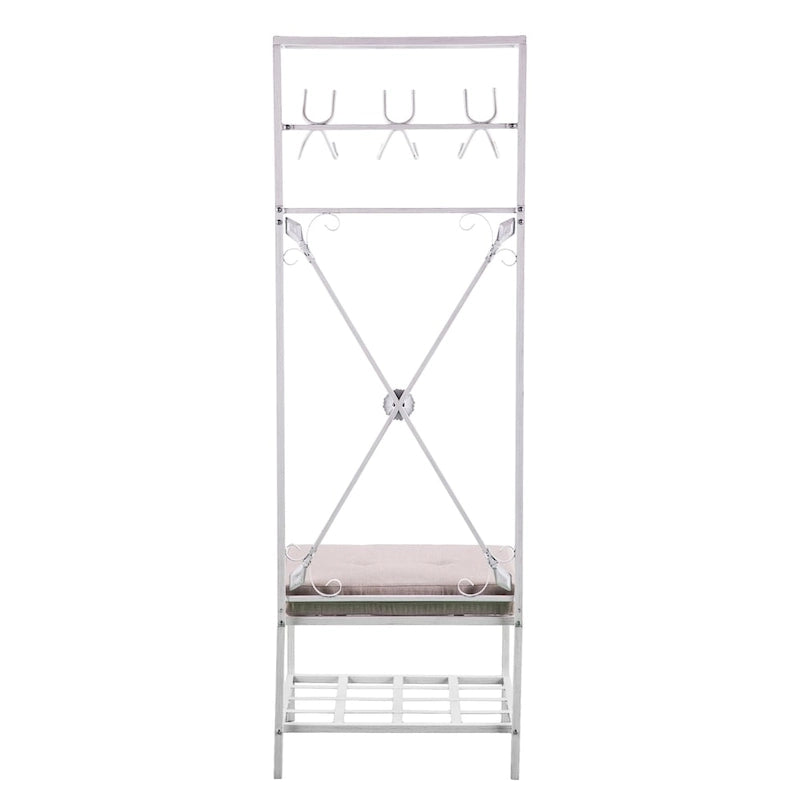 Hall Tree Coat Rack with Cushioned Seat, 12 Hooks, 2 Shelves, Distressed White Iron