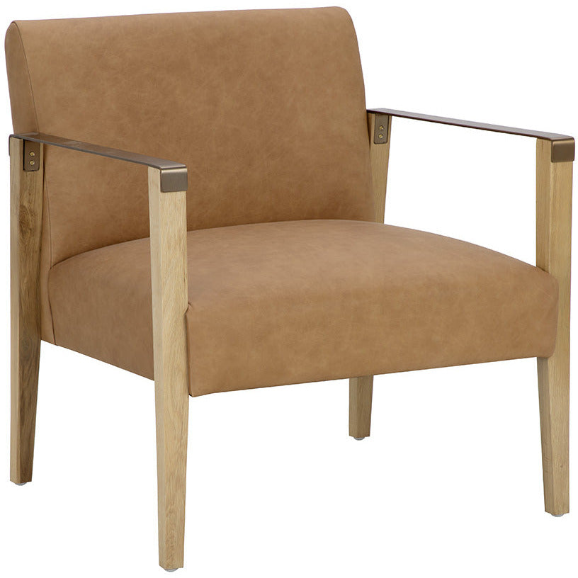 Modern Sesame Leather & Solid Rustic Oak Lounge Chair with Brass Steel Armrests for Living Room