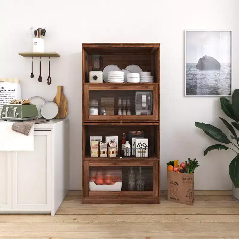 GDFStudio Elodie Rustic 4-Tier Wooden Bookcase with 4 Glass Doors