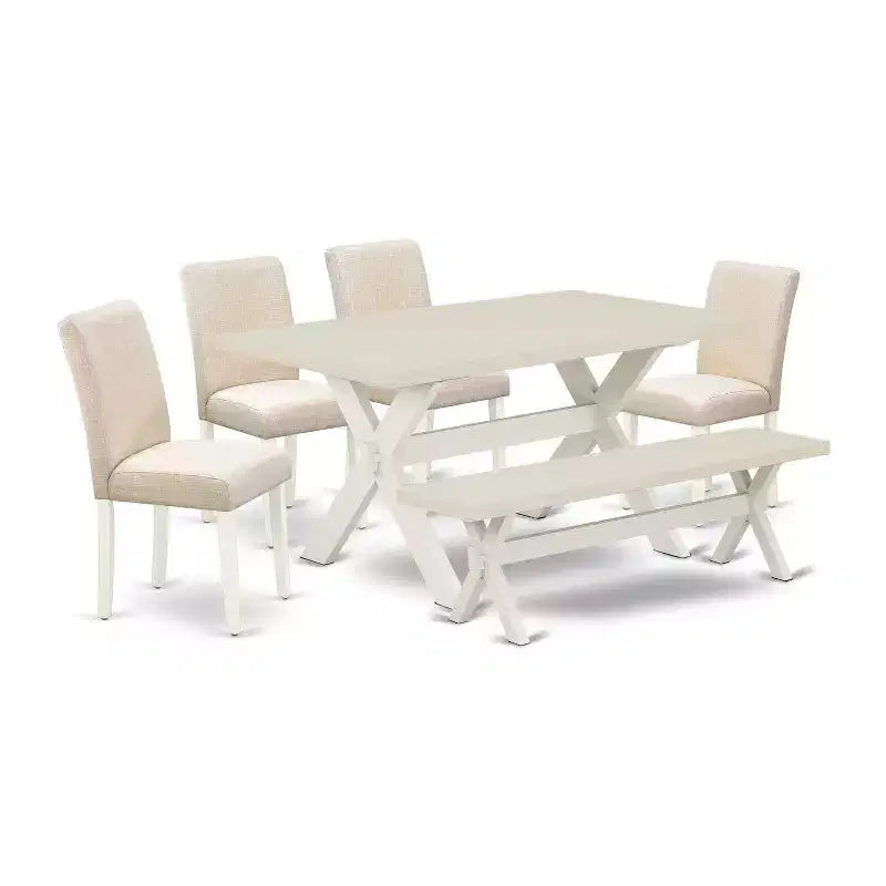6-Pc Rectangle Natural Oak Finish Solid Wood Top Dining Table with 1-Bench, 4-Chairs