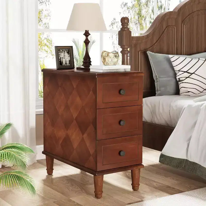 Narrow Wood End Table with 3 Drawers – Fully Assembled Nightstand for Bedroom & Living Room
