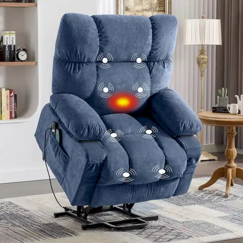 Power Lift Recliner | Heat & 8-Point Massage | USB Port | 350 lb | Blue Fabric