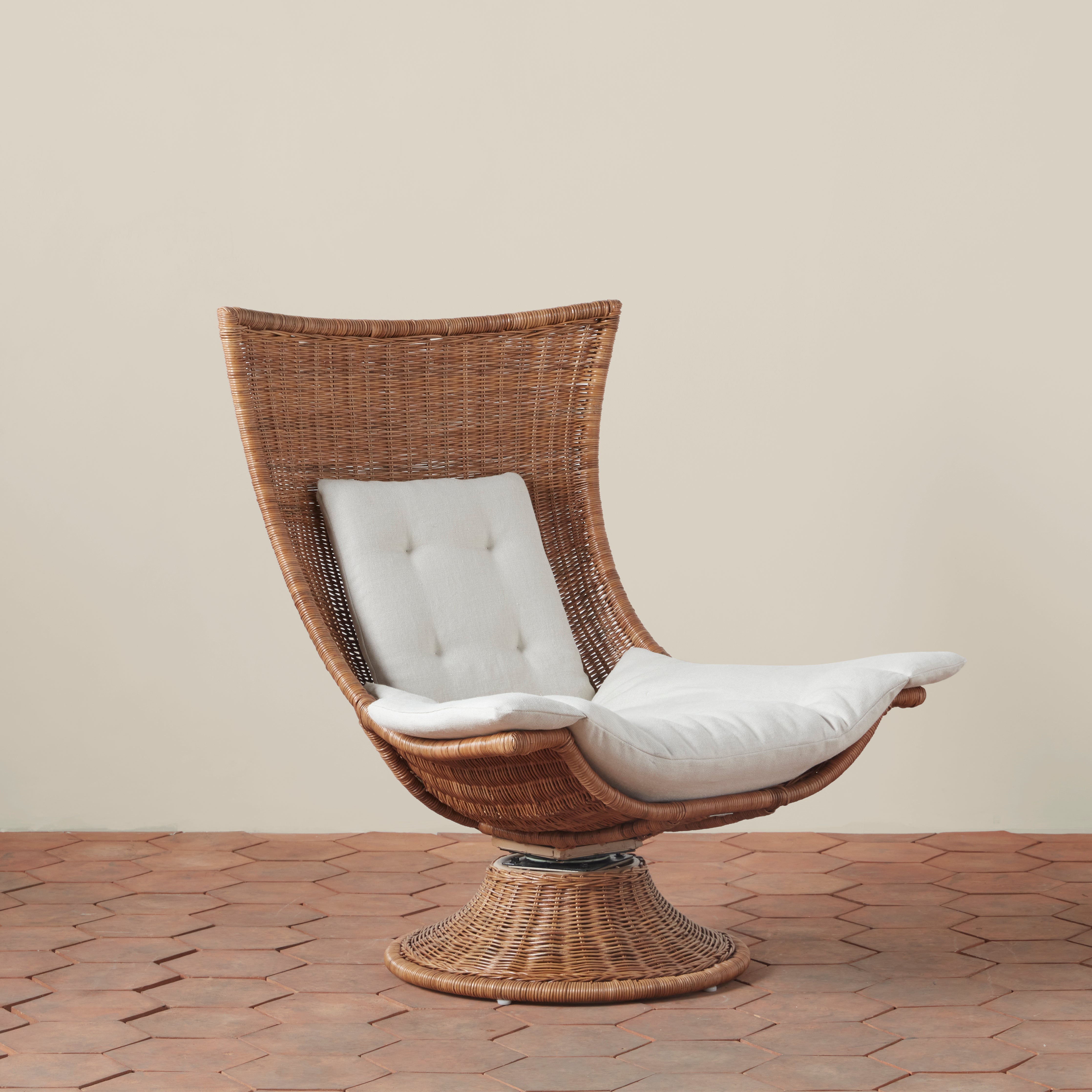 High-Back Handwoven Indonesian Rattan & Boucle Outdoor Swivel Chair with Upcycled Cushion for Patio