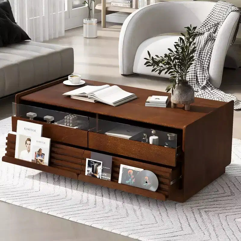 JVNOXK 47.2-inch Modern Wooden Rectangular Coffee Table with 4 Drawers and 2 Display Shelves, Tempered Glass Top, Suitable for Living Room, Brown