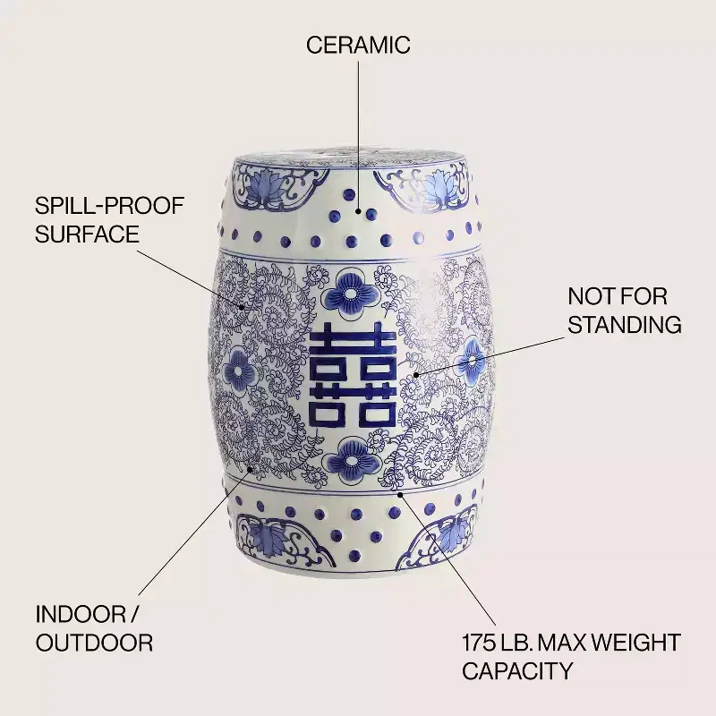 JONATHAN Y Double Happiness 18 Chinoiserie Ceramic Drum Garden Stool/Accent Table
