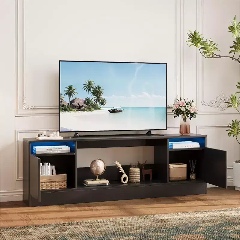 Modern TV Stand for TVs Up to 75'', 70 Wooden Entertainment Center with Storage, Compatible with 36 Electric Fireplace (Fireplace Not Included)