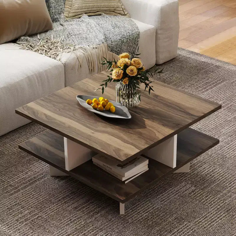 Costway 2-Tier Coffee Table Farmhouse Modern Center Table for Living Room Walnut and White