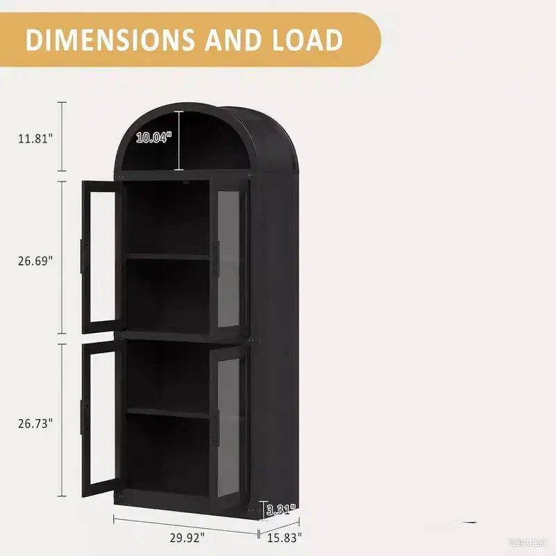 71.4in Tall Wooden Arched Bookshelf with Doors Farmhouse Rounded Bookcases for Living Room, Kitchen, Office (Black)