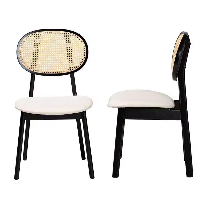 2pc Darrion Fabric and Wood Dining Chairs Cream/Black/Light Brown: Polyester Upholstery, Rubberwood Frame