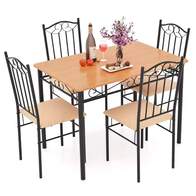 Costway 5 PCS Dining Set Wood Metal 30 Table & 4 Chairs Upholstered Kitchen Breakfast Furniture
