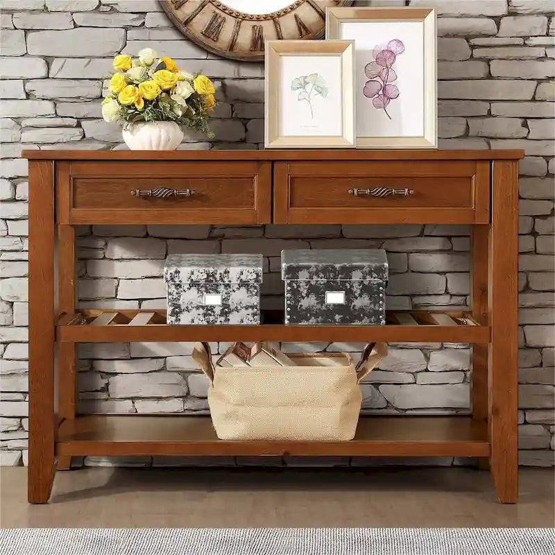 42 Mid-Century Solid Wood Buffet Sideboard with Drawers & Open Shelves