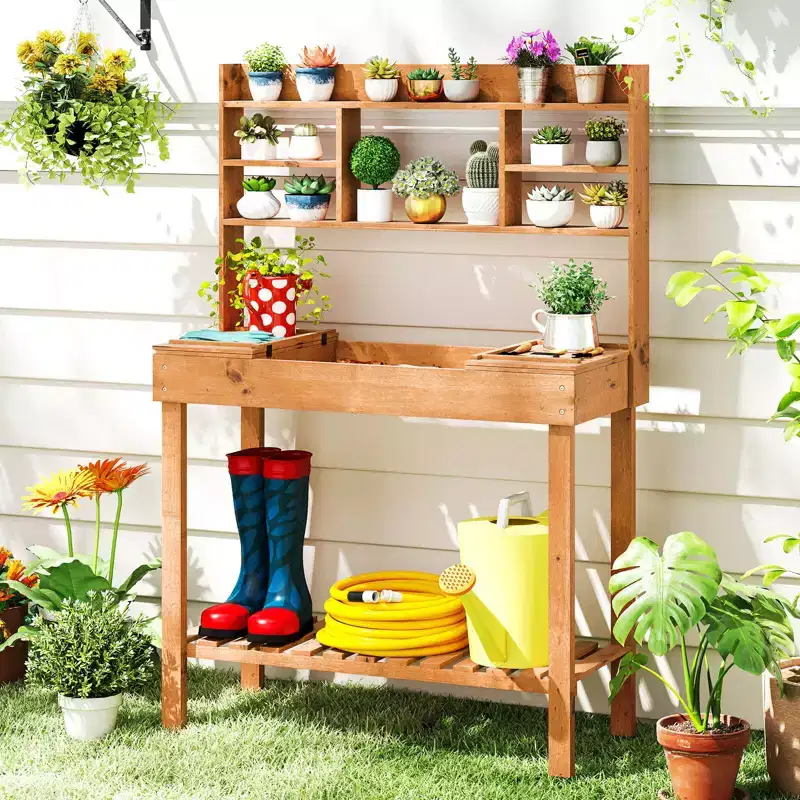 Costway Potting Bench Table with Flip-up Tabletop, Storage Shelves for Patio Porch Balcony Brown/Natural