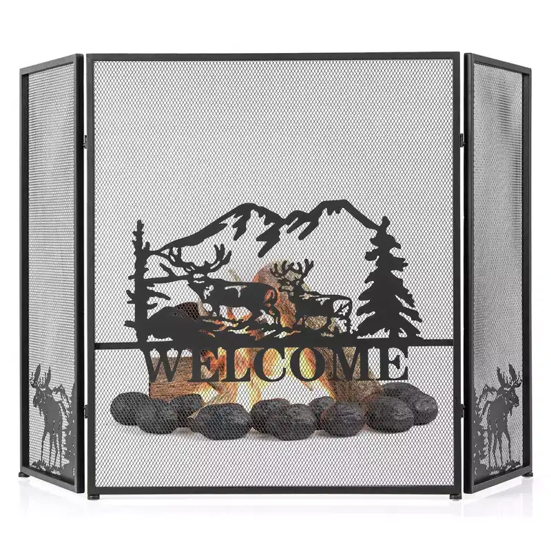 Costway 52 x 31 In Fireplace Screen 3-Panel Spark Guard with Natural Scenery, Moose Pattern
