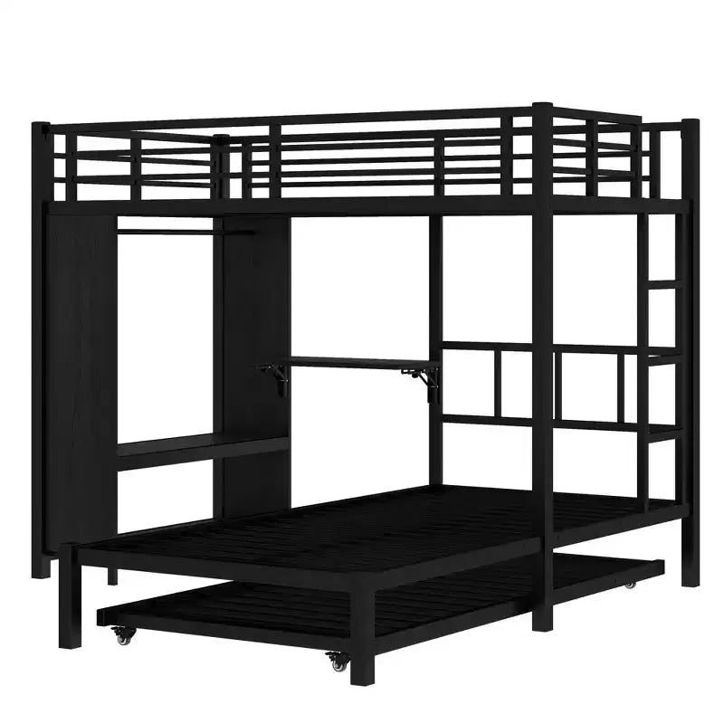 Full over Twin Bunk Bed with Built-in Wardrobe, Trundle, and Foldable Desk