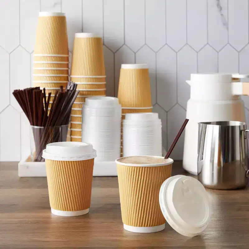 Juvale 50 Pack Disposable Small Coffee Cups 8 oz, Kraft Paper Insulated, Ripple, Coffee Cups To Go with Lids and Stirring Straws (150 Total Pcs)