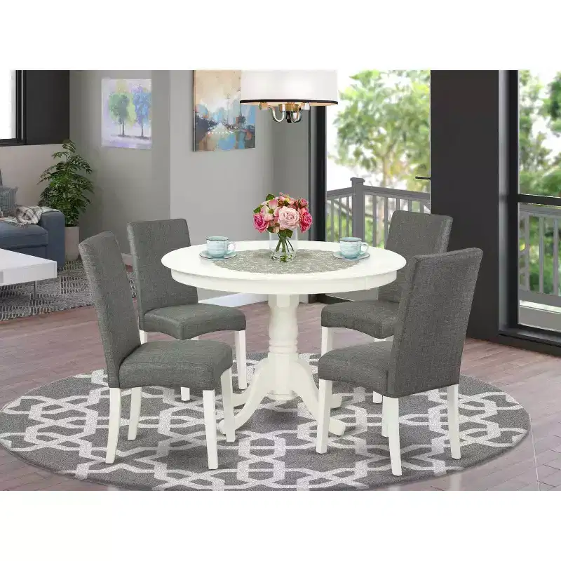 Round Dinette Set 5Pc - 42 Inch Table & 4 Chairs - City Sleek Design - Linen White Legs - Gray Fabric