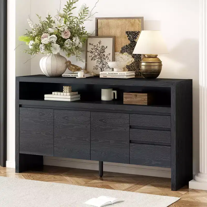 Multi-Functional 60 Large Storage Cabinet Sideboard with 3 Doors, Semi-Open Shelf and 3 Drawers, Wood Accent Entryway Console Table TV Stand