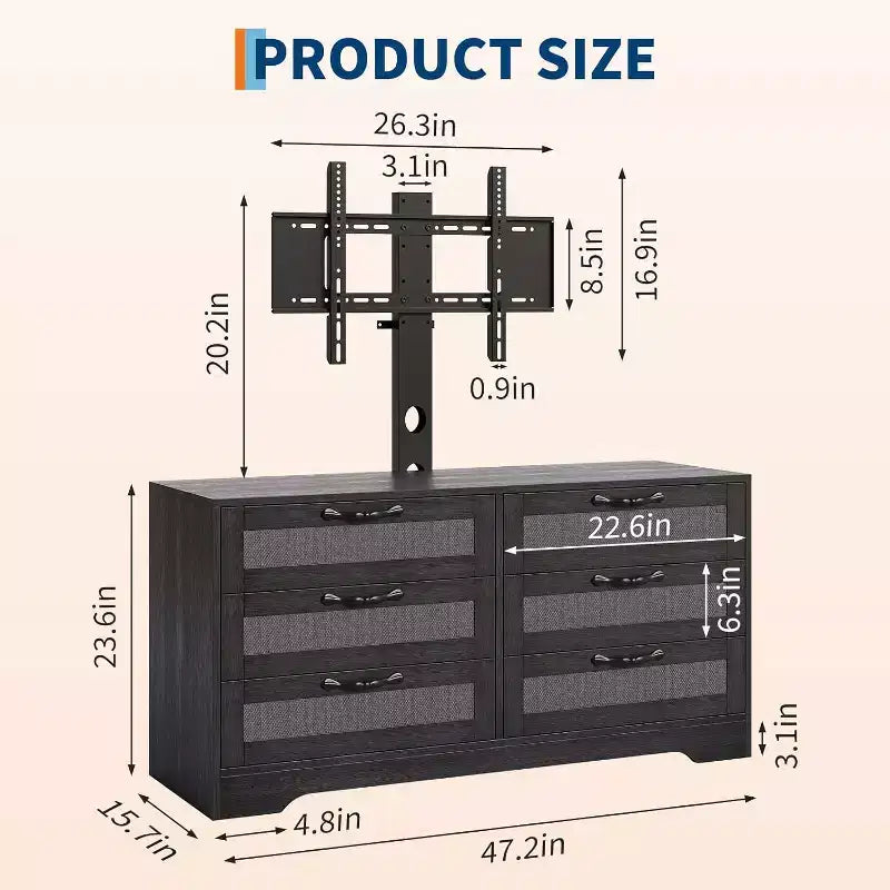 47.2 Inch Natural 6-Drawer TV Stand, Rattan Weave Entertainment Center for 32-85 Inch TVs, for Living Room, Easy Assembly